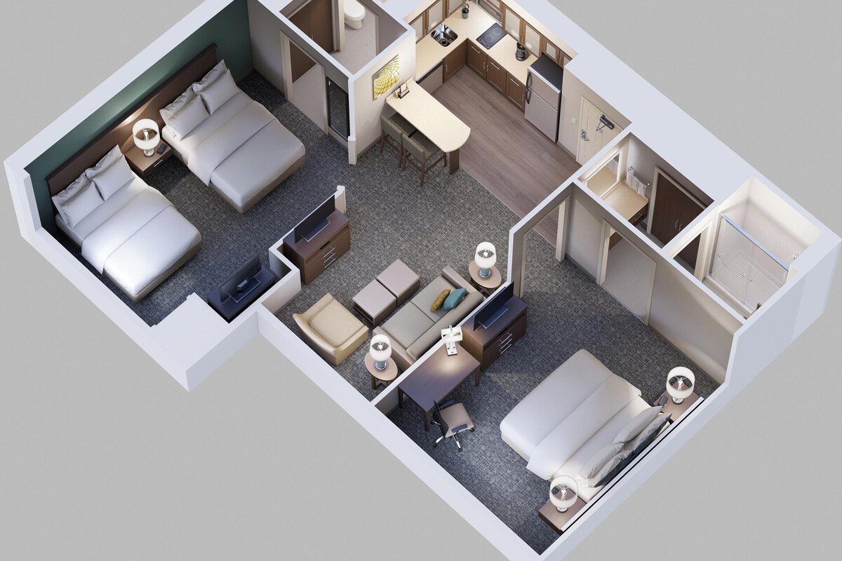 A 3D model of a hotel room with two beds, a desk, a chair, a small table, a sofa, a bathroom, and a kitchenette.