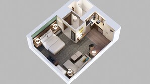 A 3D floor plan of a hotel room with a bed, seating area, kitchenette, bathroom, and a small balcony. - Staybridge Suites Southgate Detroit Area by IHG (Southgate)