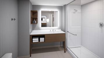 Hair dryer, towels, soap, shampoo