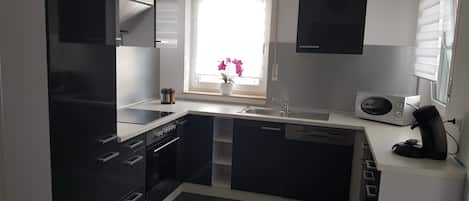 Frigorífico, microondas, horno y placa de cocina