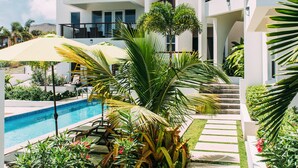 A modern hotel with a pool, palm trees, and a clear sky. - #3-2BR Shalimar Vacation Townhouse, Frigate Bay, Saint Kitts. (Basseterre)