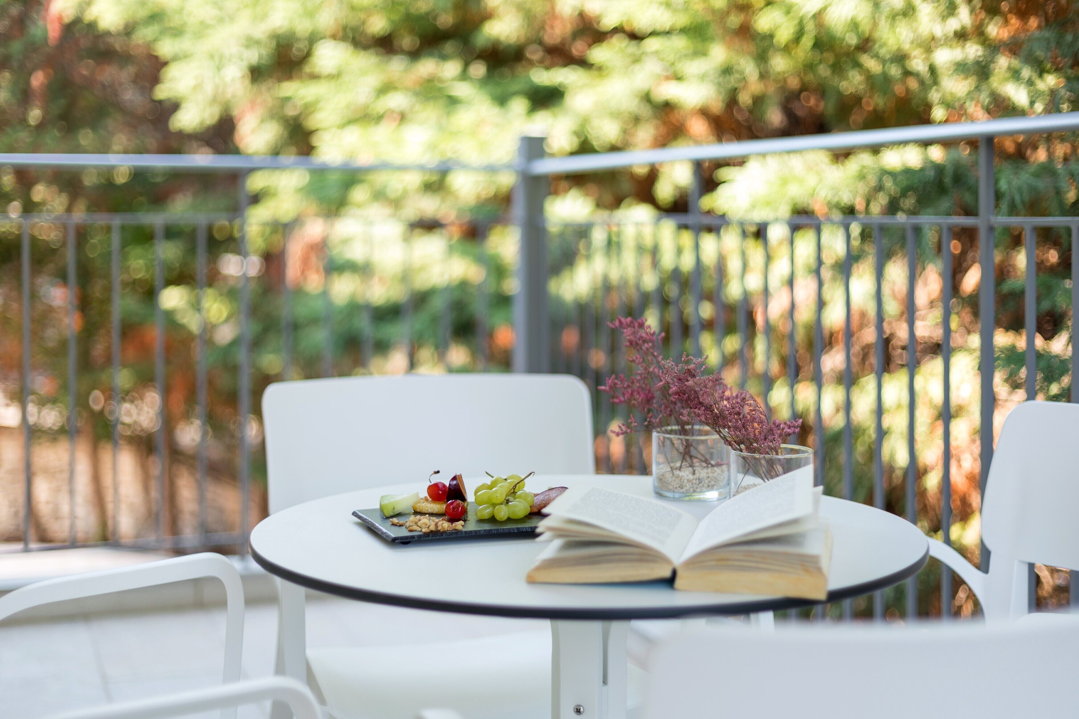 A round table with a book, a plate of fruit, and a glass of water on a balcony with a railing.