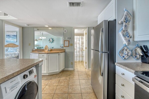 Fridge, microwave, oven, stovetop - Atalaya Tower 605, Well-maintained Three Bedroom, Two Bath Condo (Garden City Beach)
