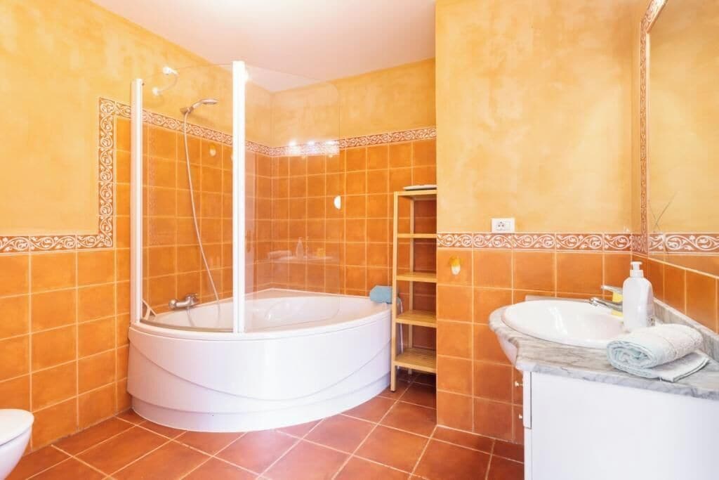 Bathtub, hair dryer, bidet, towels