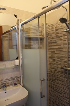 Shower, bidet, towels, soap