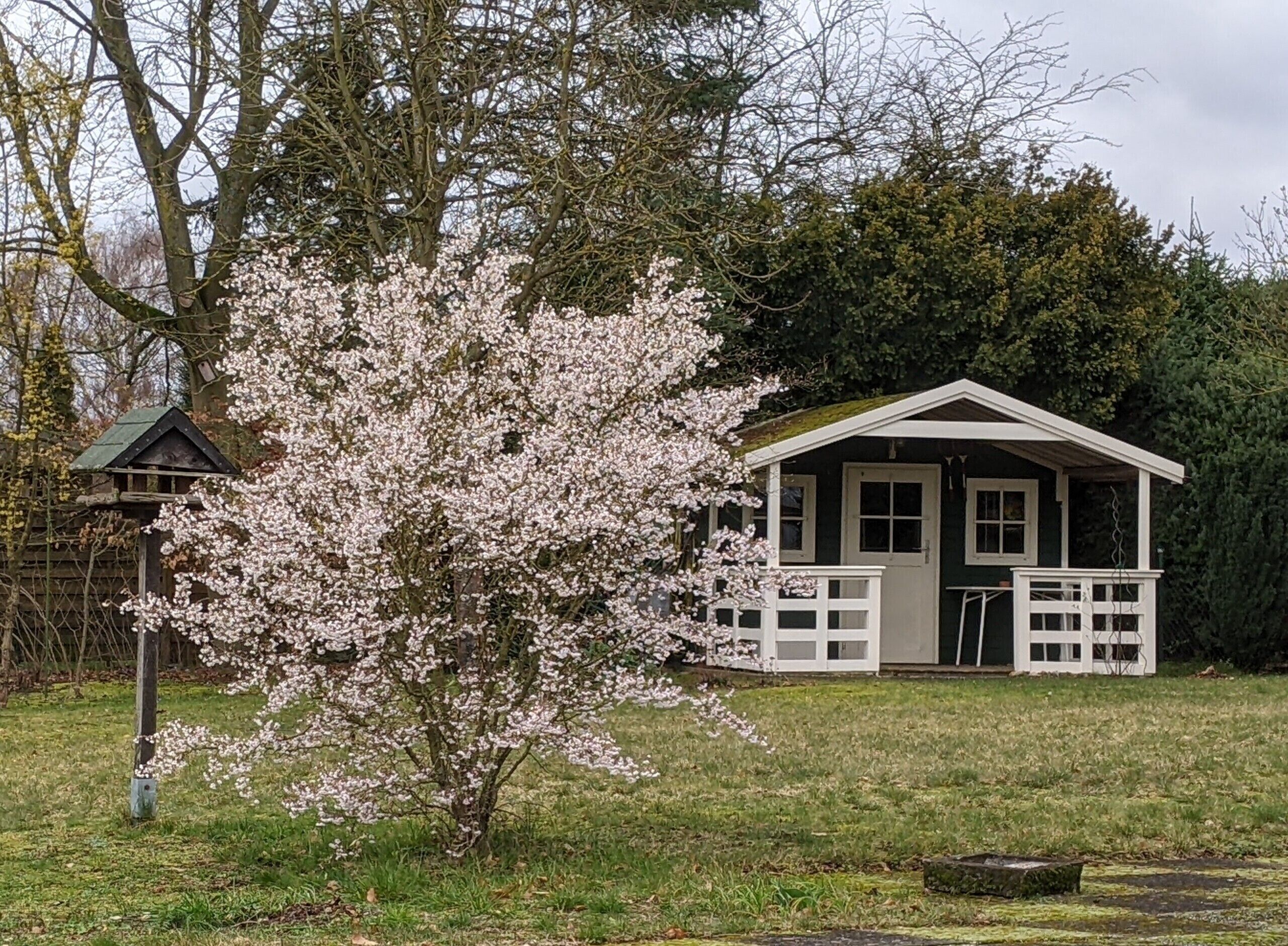 Ein kleines, eingeschossiges Haus mit Veranda und umzäunter Garten.