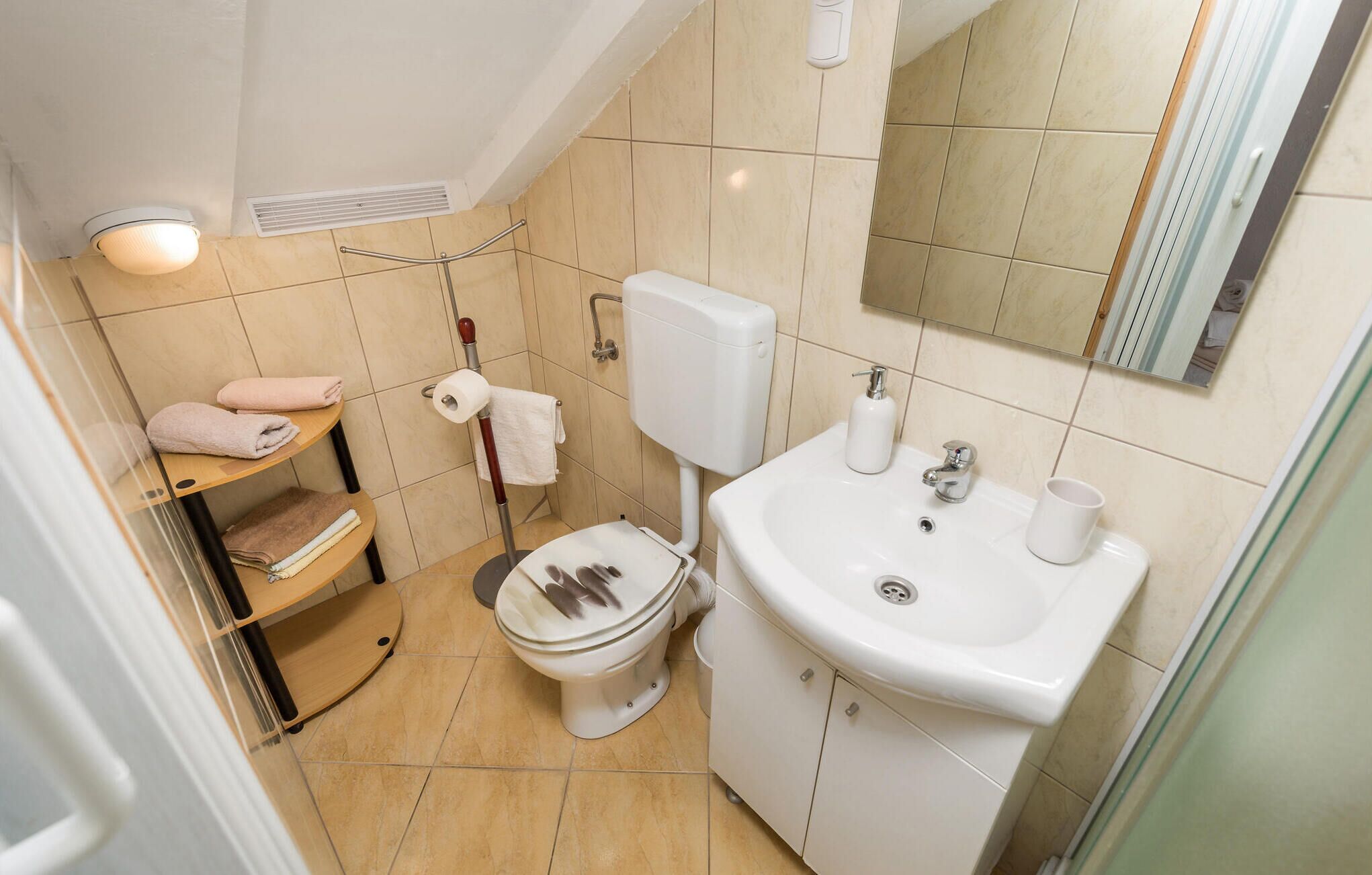 Un bagno piccolo con il water, un lavandino e un portascopevoli.