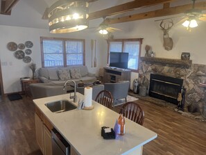 Smart TV, fireplace, books, stereo