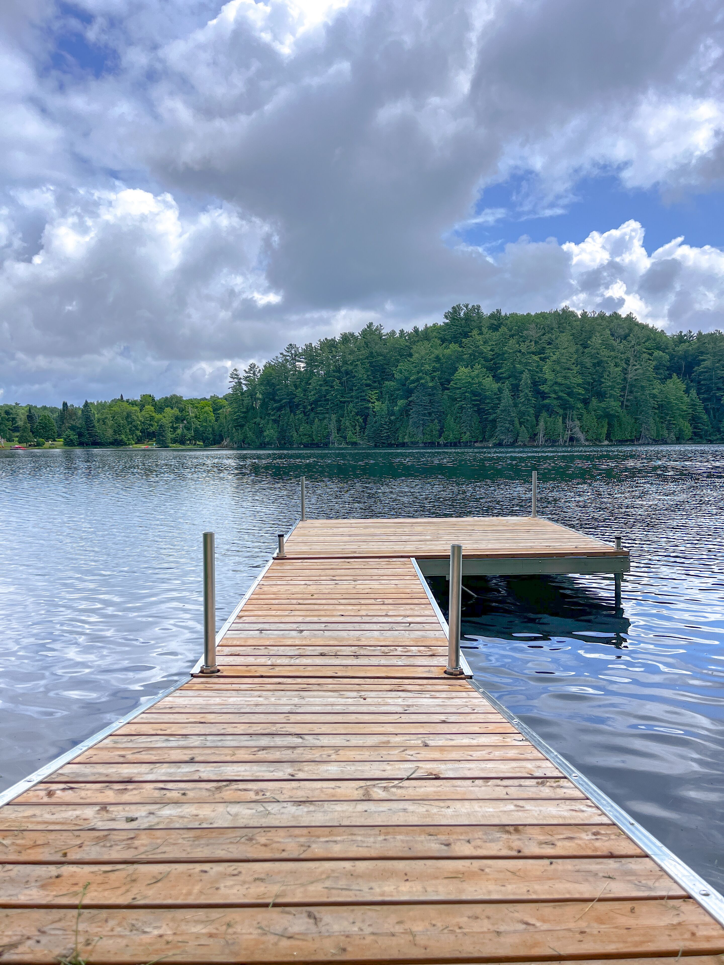 A wooden pier extending into calm water, surrounded by dense forest and a cloudy sky.