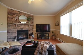 Smart TV, fireplace, DVD player, books