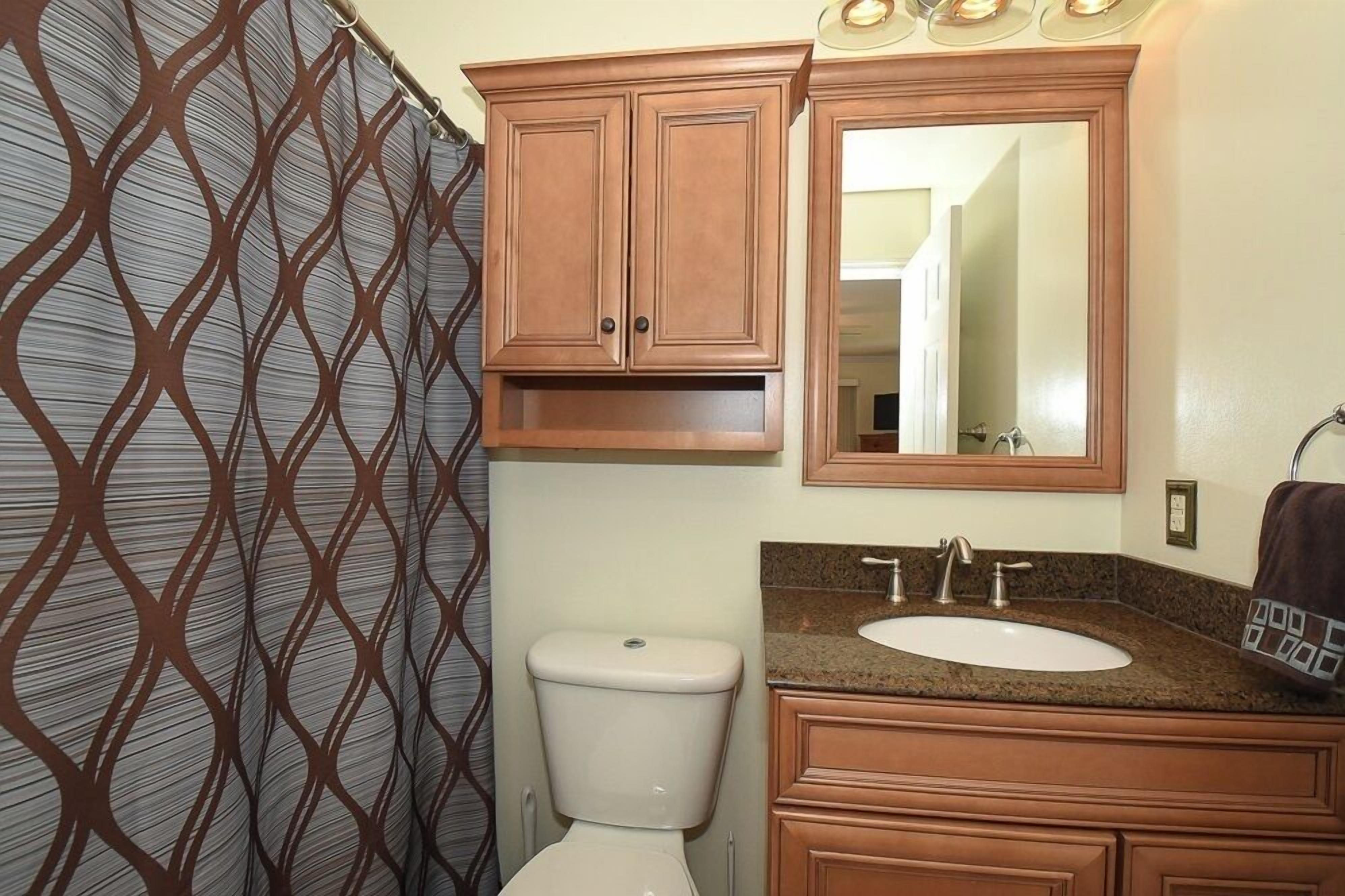 A bathroom with a patterned shower curtain, a toilet, a sink with a mirror above it, and wooden cabinets.