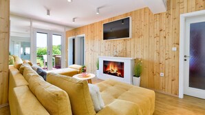 A modern living room with a sofa, fireplace, and TV. - Cozy home in Mrzlo Polje with sauna (Mrzlo Polje)