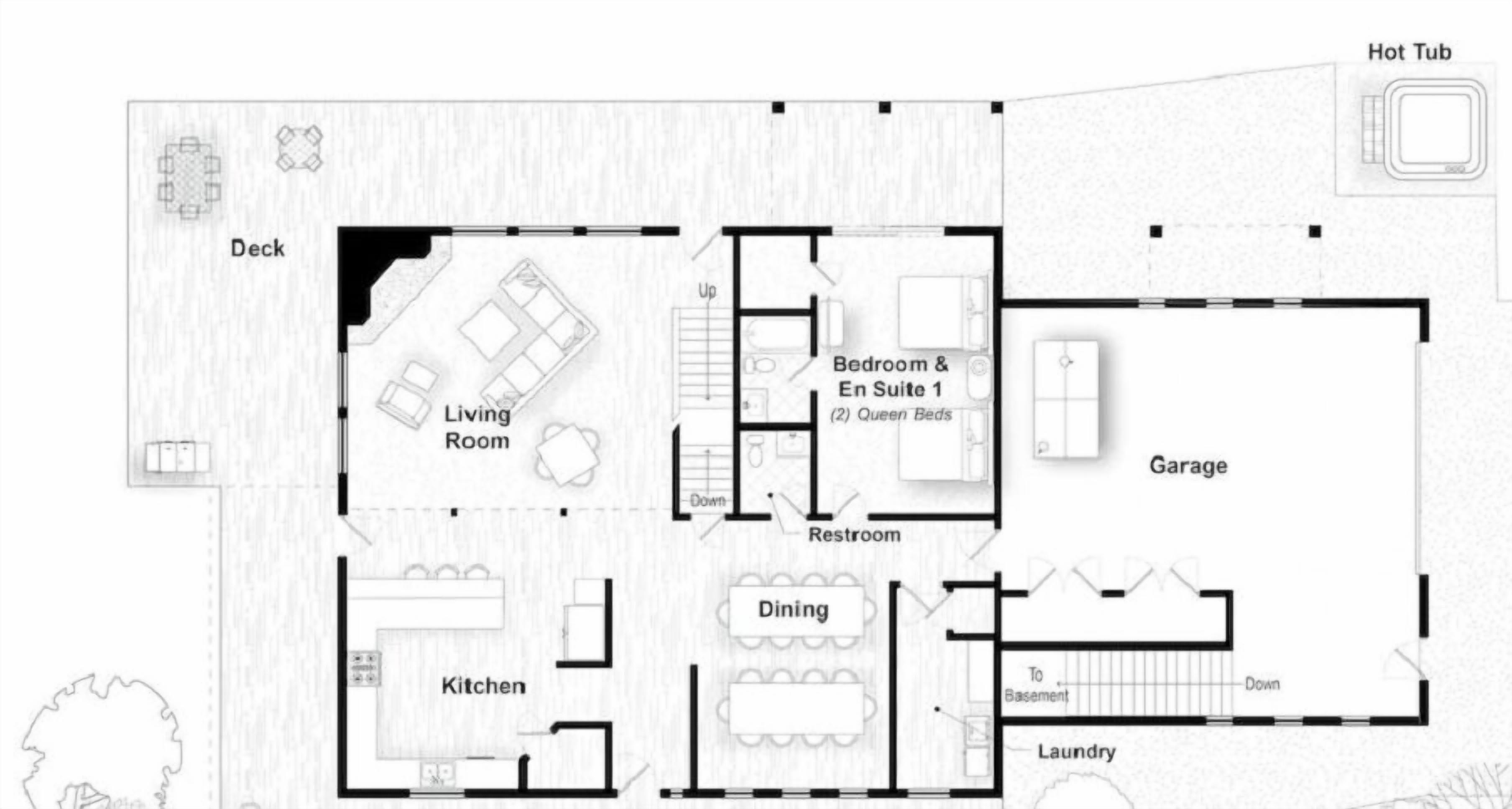 En planritning över ett hotell med en terrass, vardagsrum, kök, matplats, två sovrum, ett badrum, ett garage, en bubbelpool och ett tvättrum.