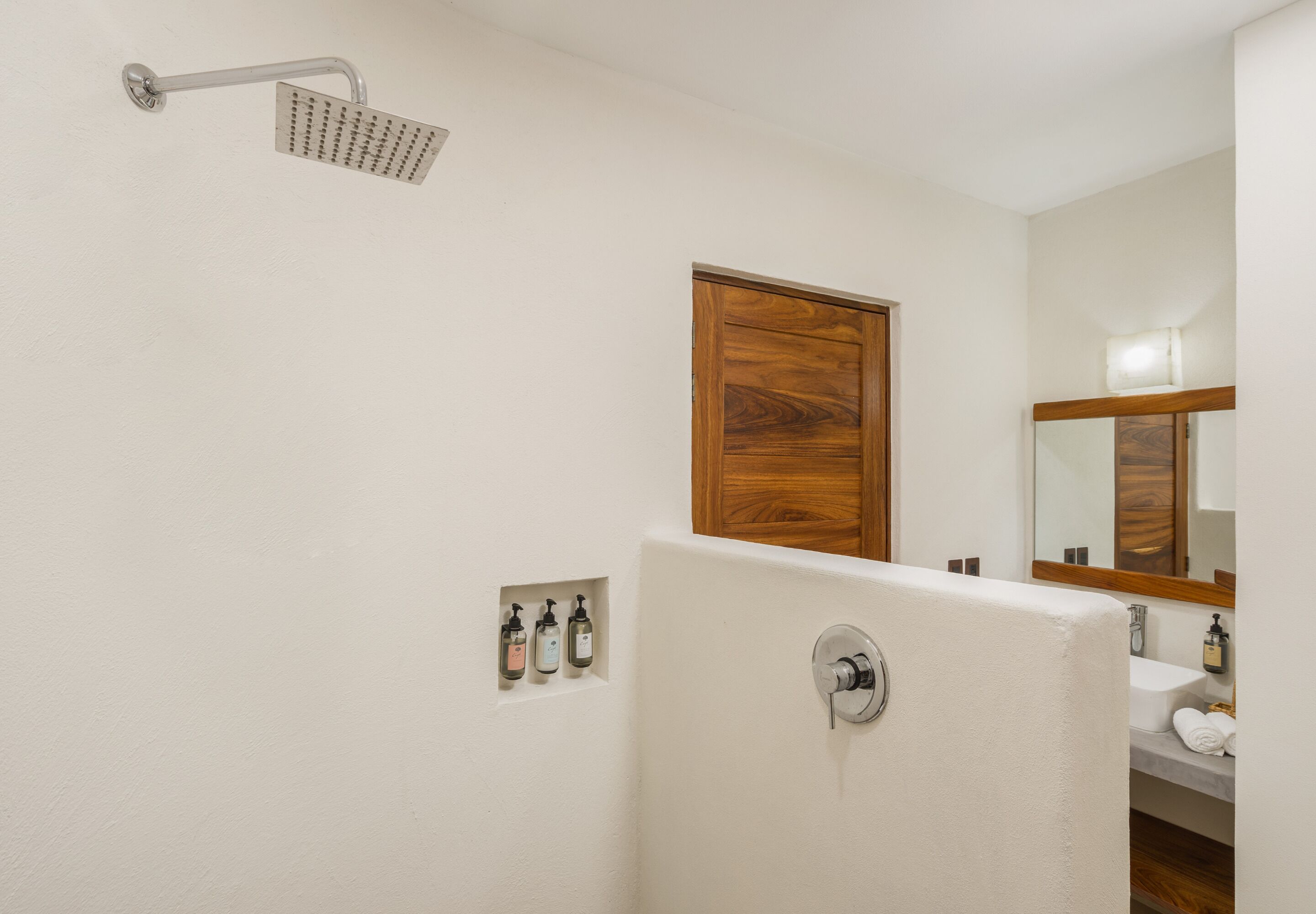 A bathroom with a shower, a wooden door, a mirror, and a sink.
