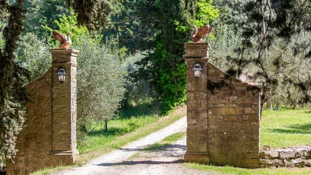 Une porte en pierre flanquée de deux statues d’animaux, un lampadaire et un sentier de terre qui traverse une zone boisée.