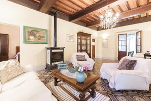 Una televisión de pantalla plana, una chimenea