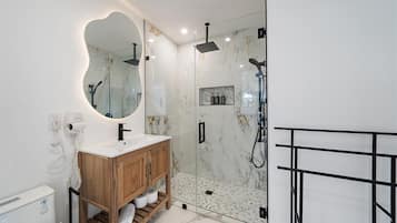 Combined shower/bathtub, hair dryer, towels, soap