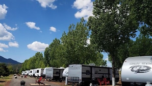 Várias casas de recreio estacionadas num parque de campismo, com árvores e montanhas ao fundo.