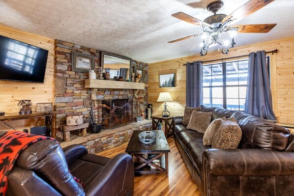 Smart TV, fireplace, video games, DVD player