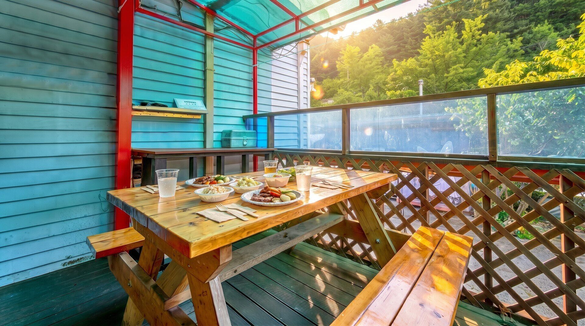 An outdoor dining area with a wooden table and benches, surrounded by a wooden fence and a view of trees.