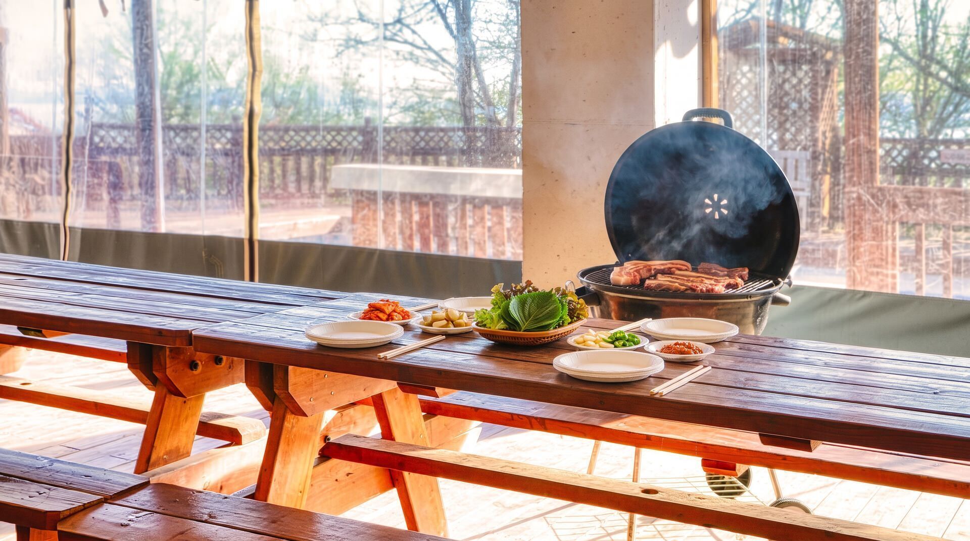 Ein Essbereich im Freien mit einem Holztisch, gedeckt für eine Mahlzeit, einem Grill mit Fleisch und verschiedenen Gerichten, darunter Gemüse und Soßen.