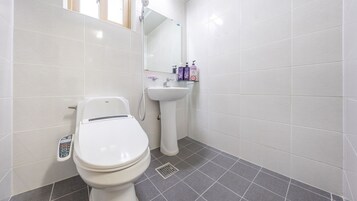 A modern bathroom with a toilet, sink, and a shower.