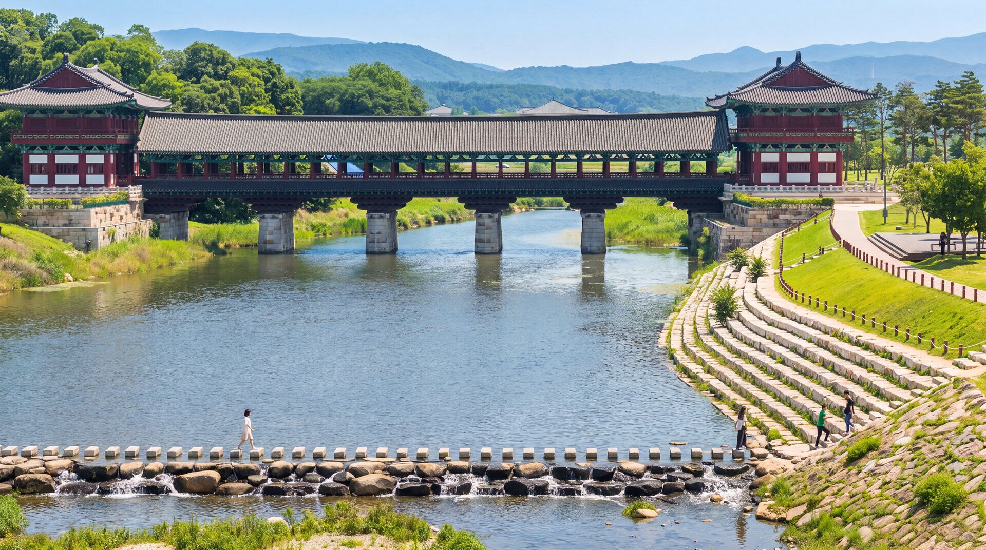 A traditional Korean bridge over a river, with stone steps on one side and a building with a tiled roof on the other.