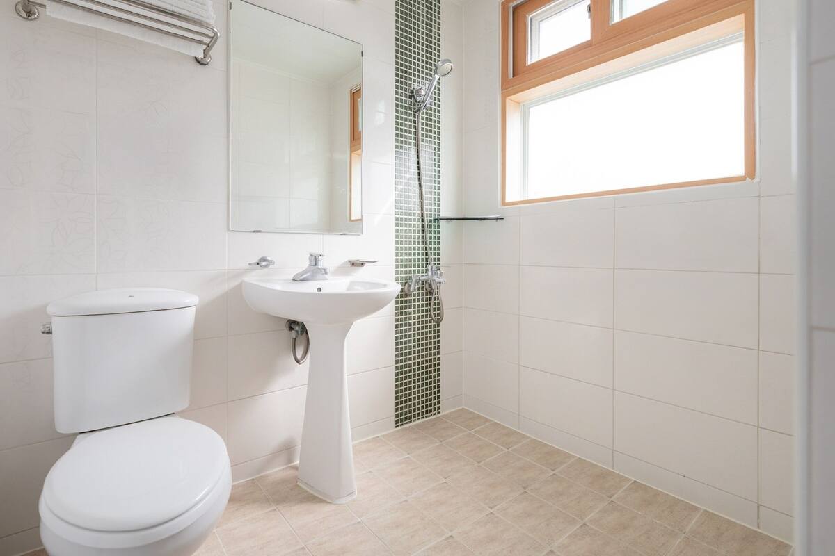 Une salle de bain avec des toilettes, un lavabo et une douche.