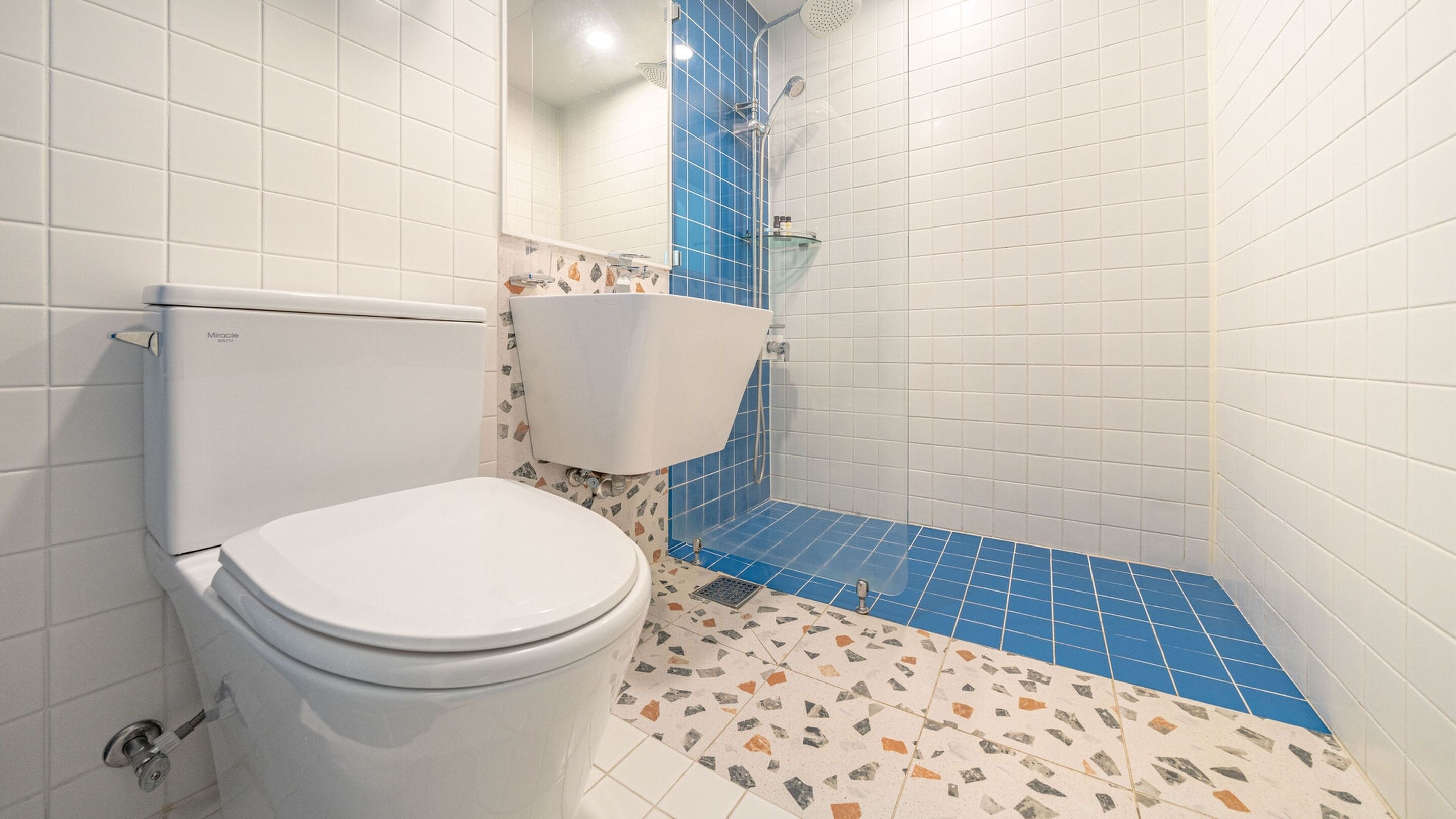 Un baño con inodoro, lavabo y ducha.
