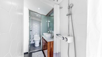 Un baño moderno con ducha de vidrio, lavamanos blanco y un inodoro.
