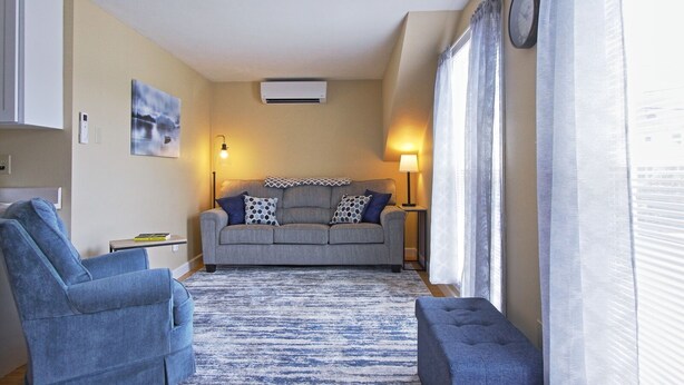 A living room with a grey sofa, blue armchair, and ottoman, a patterned rug, and a wall-mounted air conditioner. - Entire apartment, close to Hershey  (Palmyra)