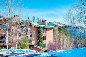 A multi-story building with a green roof and multiple balconies, surrounded by snow-covered ground and trees. - Amazing Location on Mtn w/Air Conditioning-100 yds to Trails-Heated Pool-Hot Tub-W/D in Unit-Grill (Steamboat Springs)