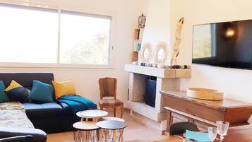 Televisie, een open haard en boeken