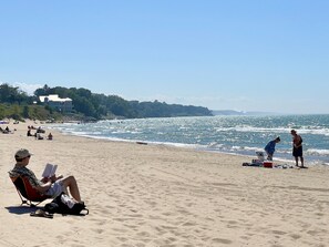Plage à proximité, chaises longues, serviettes de plage