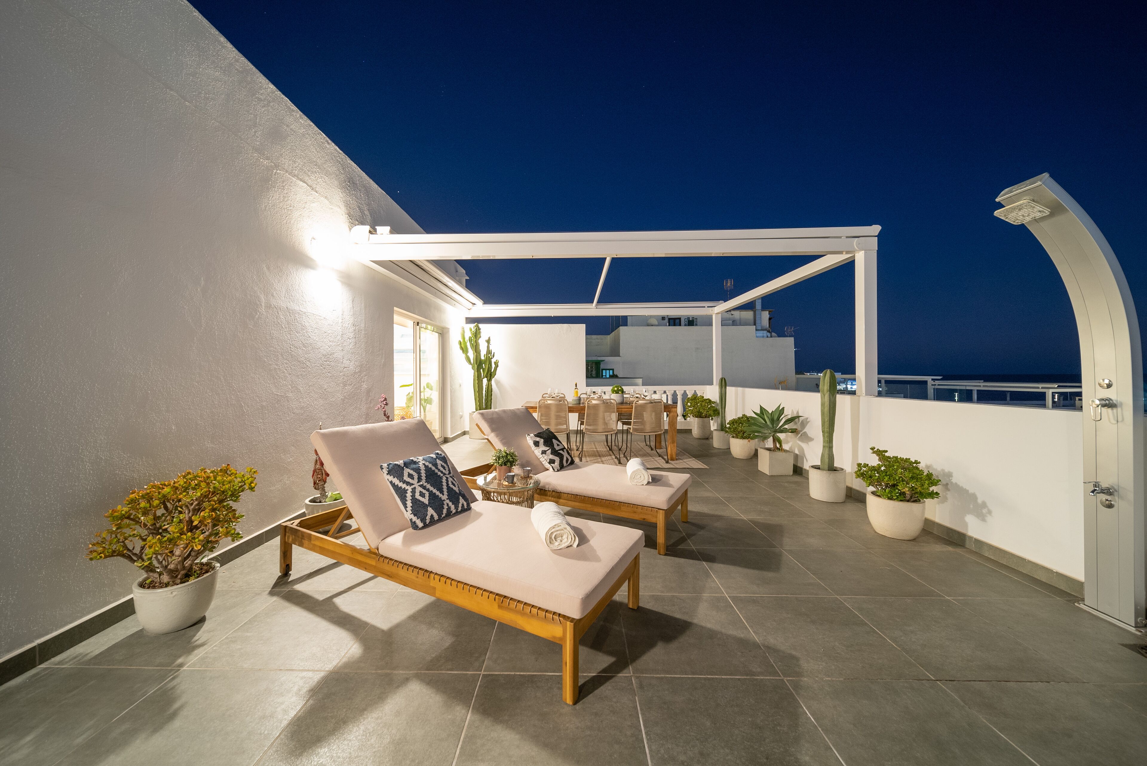 Una terraza en la azotea con dos sillones, una zona de comedor y plantas en macetas.