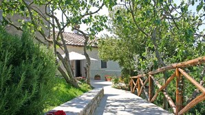 A stone pathway leading to a building with a tiled roof, surrounded by greenery and a wooden fence.
