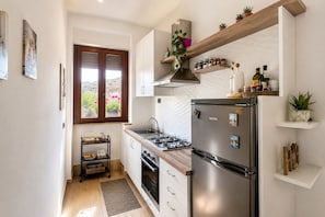 A compact kitchen with a gas stove, stainless steel refrigerator, and wooden shelves with plants.