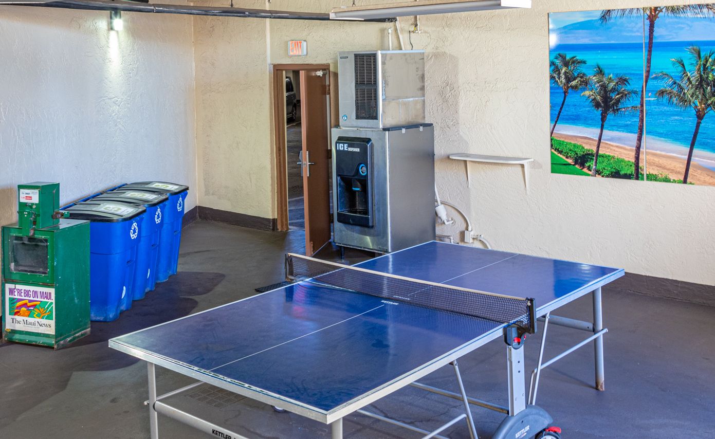 Une table de ping-pong dans une pièce où se trouvent des bacs de recyclage, un appareil de climatisation et un tableau représentant une scène de plage.