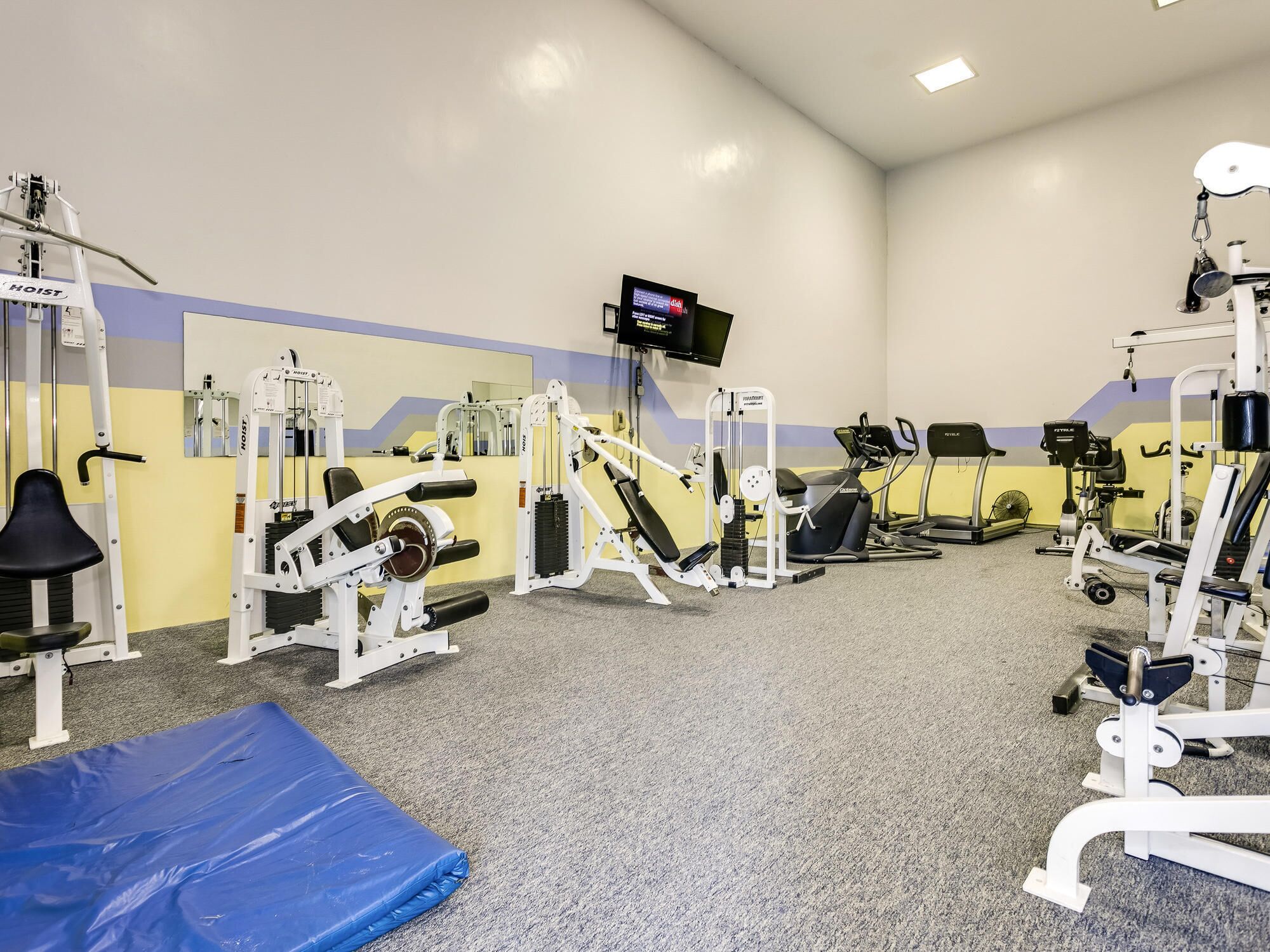 Ett gym med olika träningsmaskiner, en tv och en blå matta på golvet.