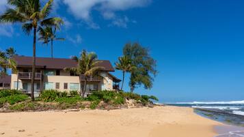 A beachfront property with a two-story building, palm trees, and a sandy beach.