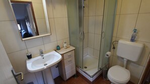 Baño con lavamanos, espejo, inodoro y ducha.