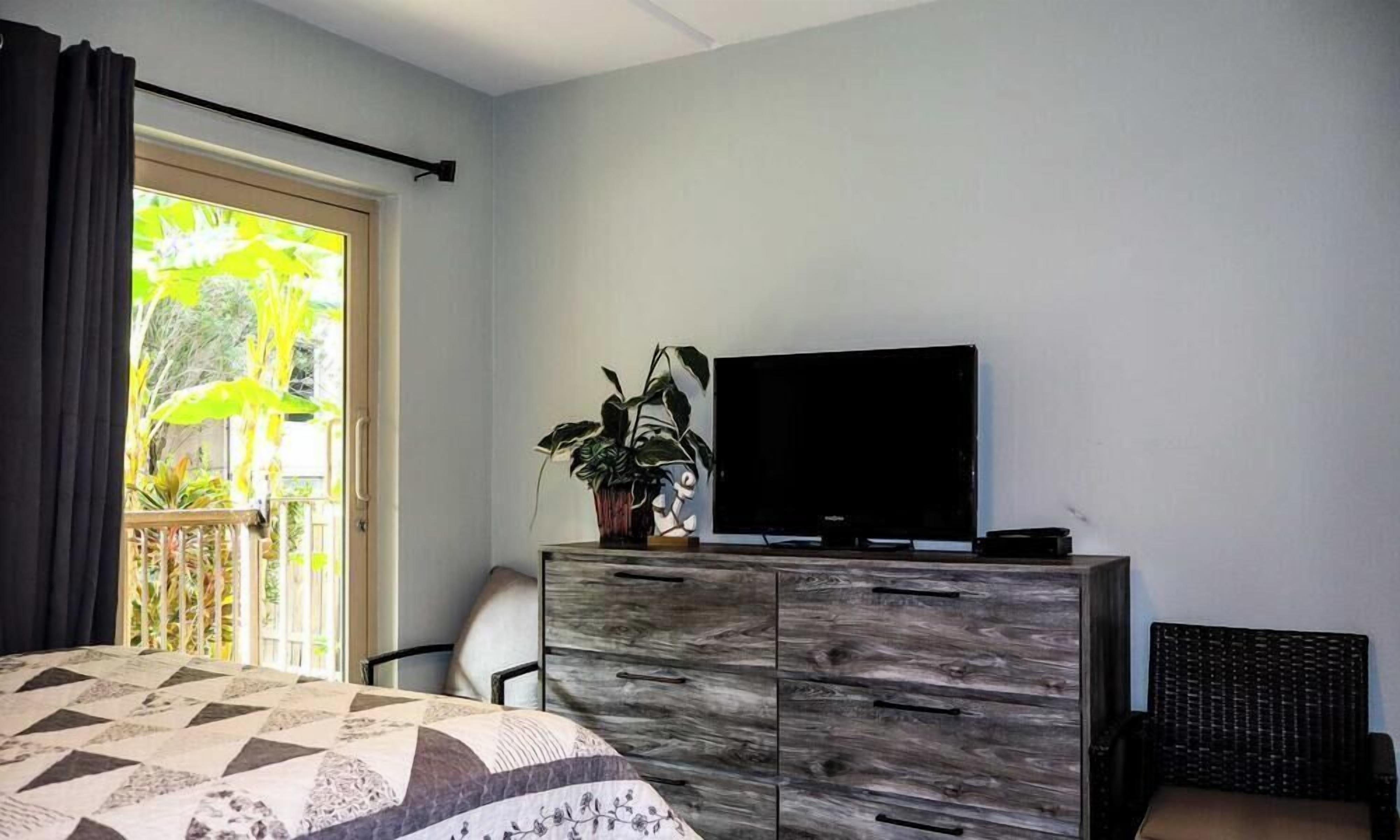 A bedroom with a bed, a wooden dresser with a TV, a chair, and a balcony with plants.