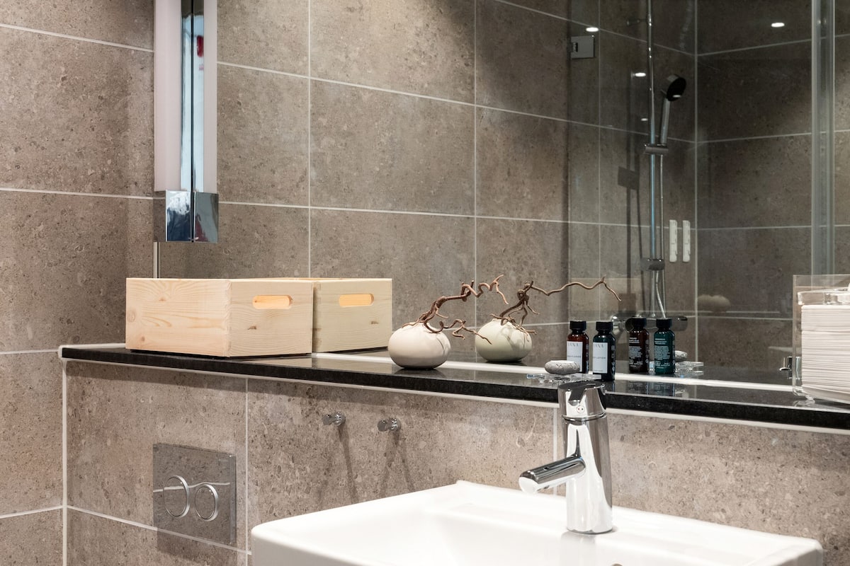standard room | bathroom | shower, free toiletries, hair dryer, towels