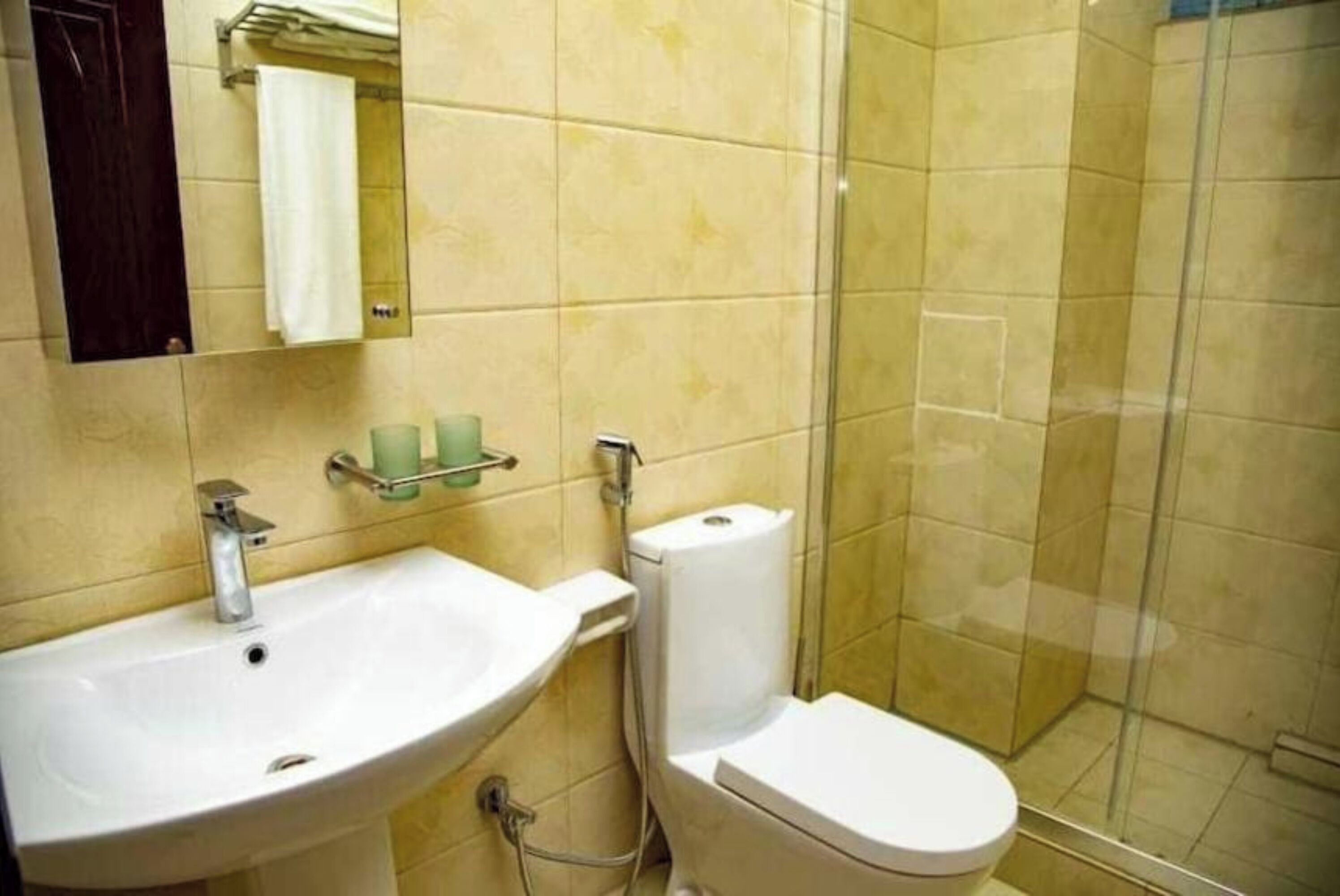 Une salle de bain équipée d’un lavabo, de toilettes et d’une douche à parois en verre.