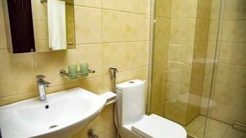 Une salle de bain équipée d’un lavabo, de toilettes et d’une douche à parois en verre.