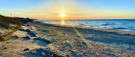 Nær stranden, solsenger og strandhåndklær