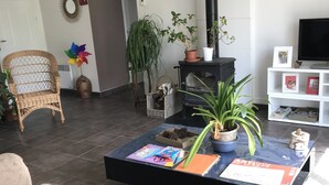 A living room with a sofa, a coffee table with books and a plant, a TV, and a fireplace. - House 6 persons near Port de Doëlan / 2 stars tourism (Clohars-Carnoët)