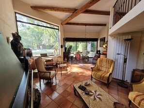 Télévision, cheminée, lecteur de DVD, table de tennis de table