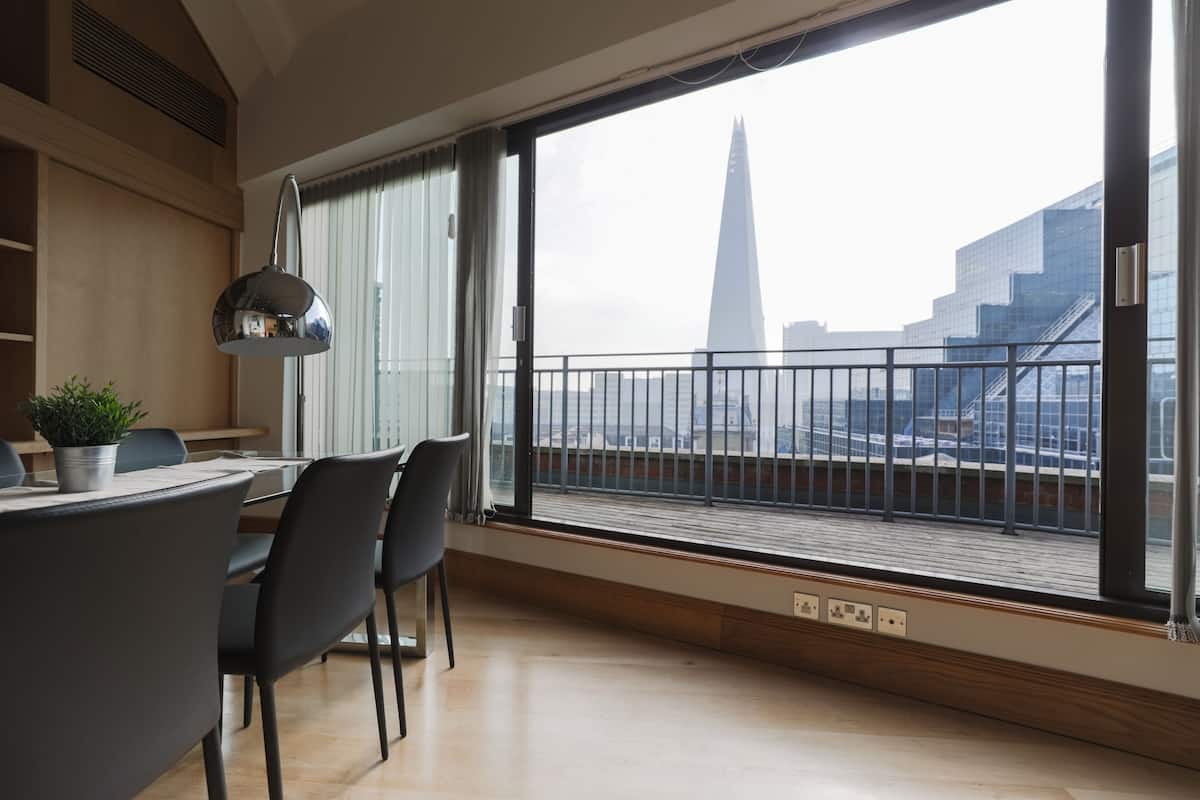 A modern room with a large window, a dining area with a table and chairs, and a potted plant.