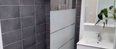 Regadera, toallas, jabón, papel de baño